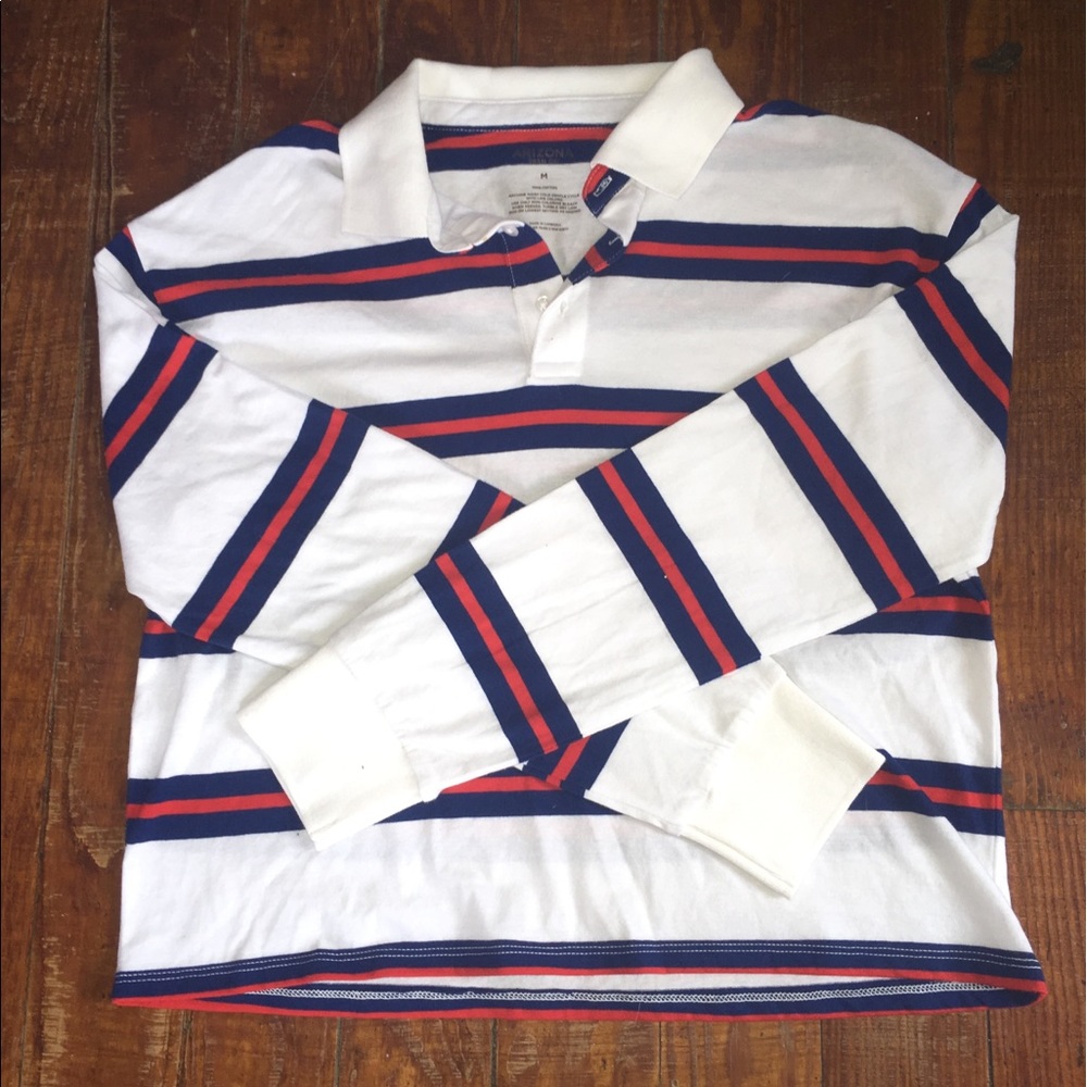blue, red and white striped crop polo.
